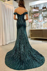 Glitter Mermaid Off the Shoulder Dark Green Sequins Long Prom Dress with Slit